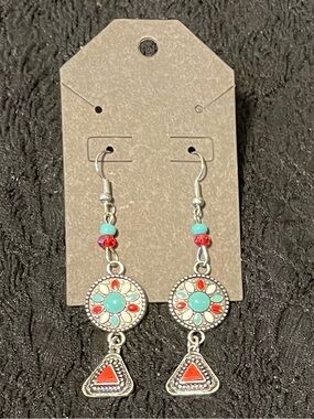 Turquoise & Red Silver-Tone Drop Earrings - Native American Style